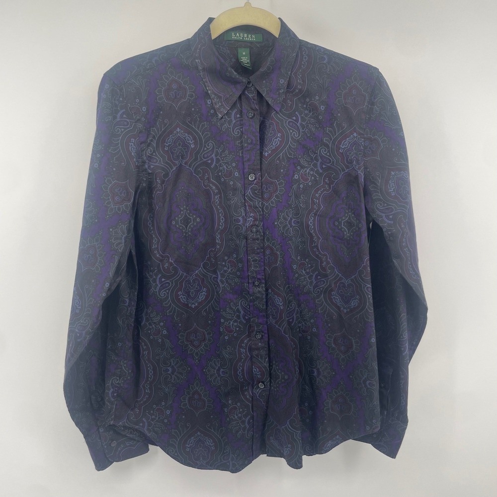 Lauren Ralph Lauren Button Down Women M Purple Paisley Long Sleeve Cotton Shirt